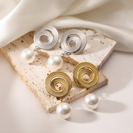 Minimalist Vintage Geometric Pearl Earrings for Women in Titanium Steel with 18K Gold Plating