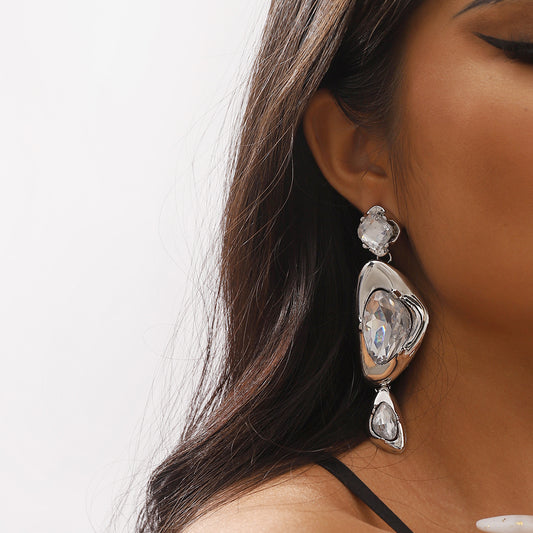 Geometric Earrings with Zirconia Accents in Alloy Base, Electroplated for Luxe Texture, Irregular Asymmetrical Design, Sweet-Edgy Style