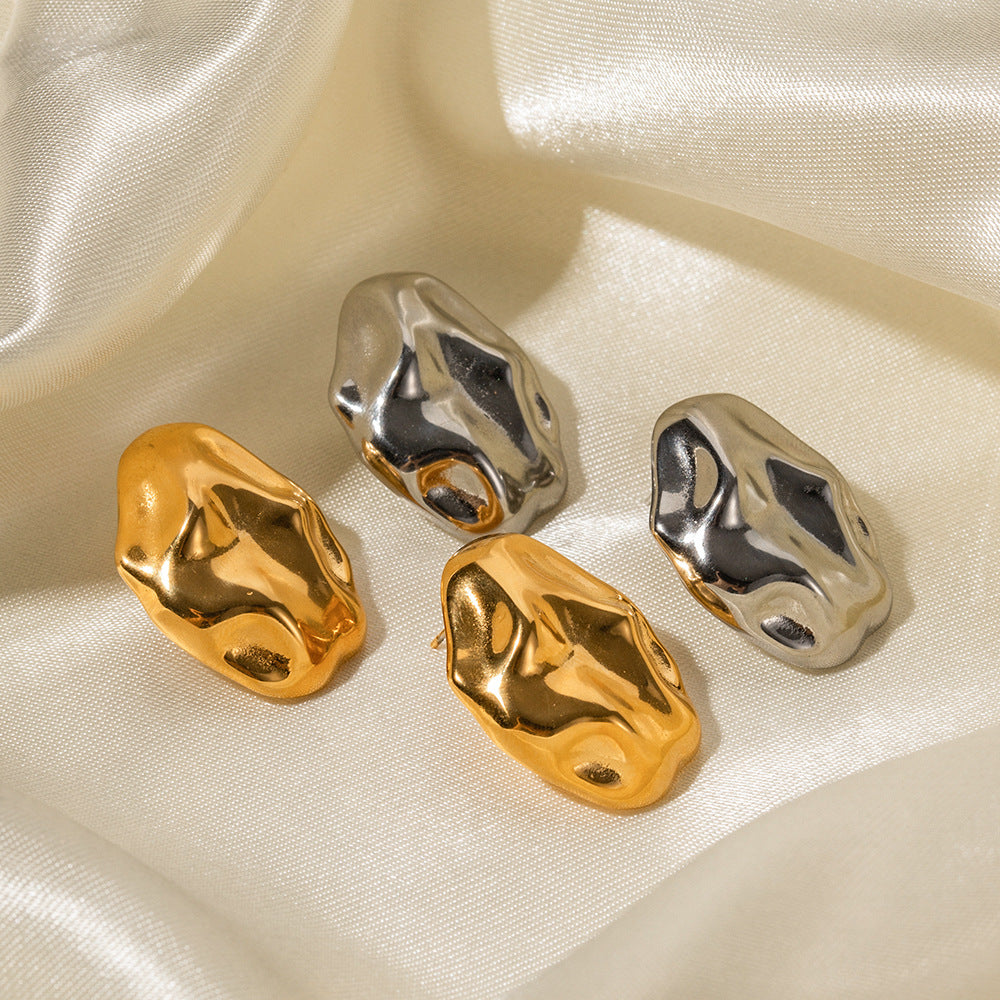 Irregular Geometric Stainless Steel Earrings for Women with 18K Gold Plating, Hypoallergenic Hammered Texture Design