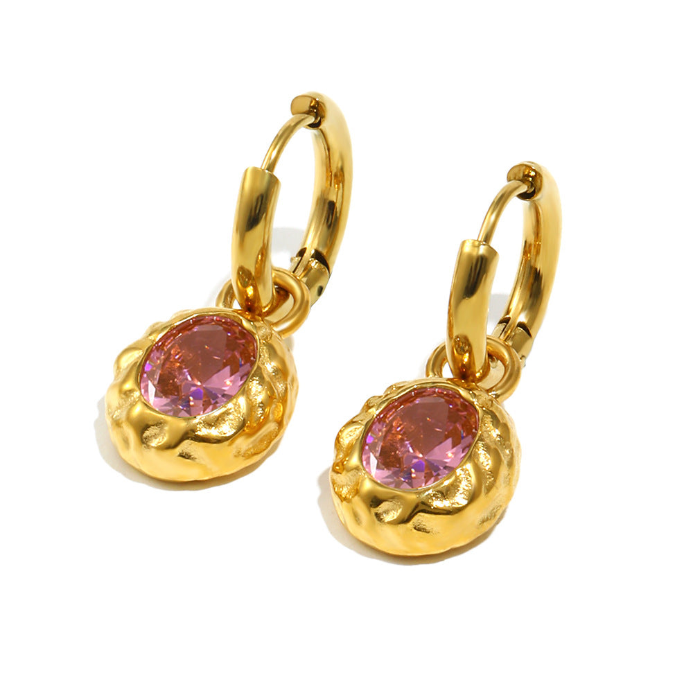 Orecchini a Cerchio Minimalisti Ovali in Acciaio Inossidabile Placcato Oro 18K con Texture Martellata e Piccolo Zircone