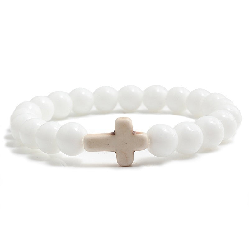 Natural Turquoise Cross Beaded Bracelet 8mm Round Stone Unisex Handmade Jewelry