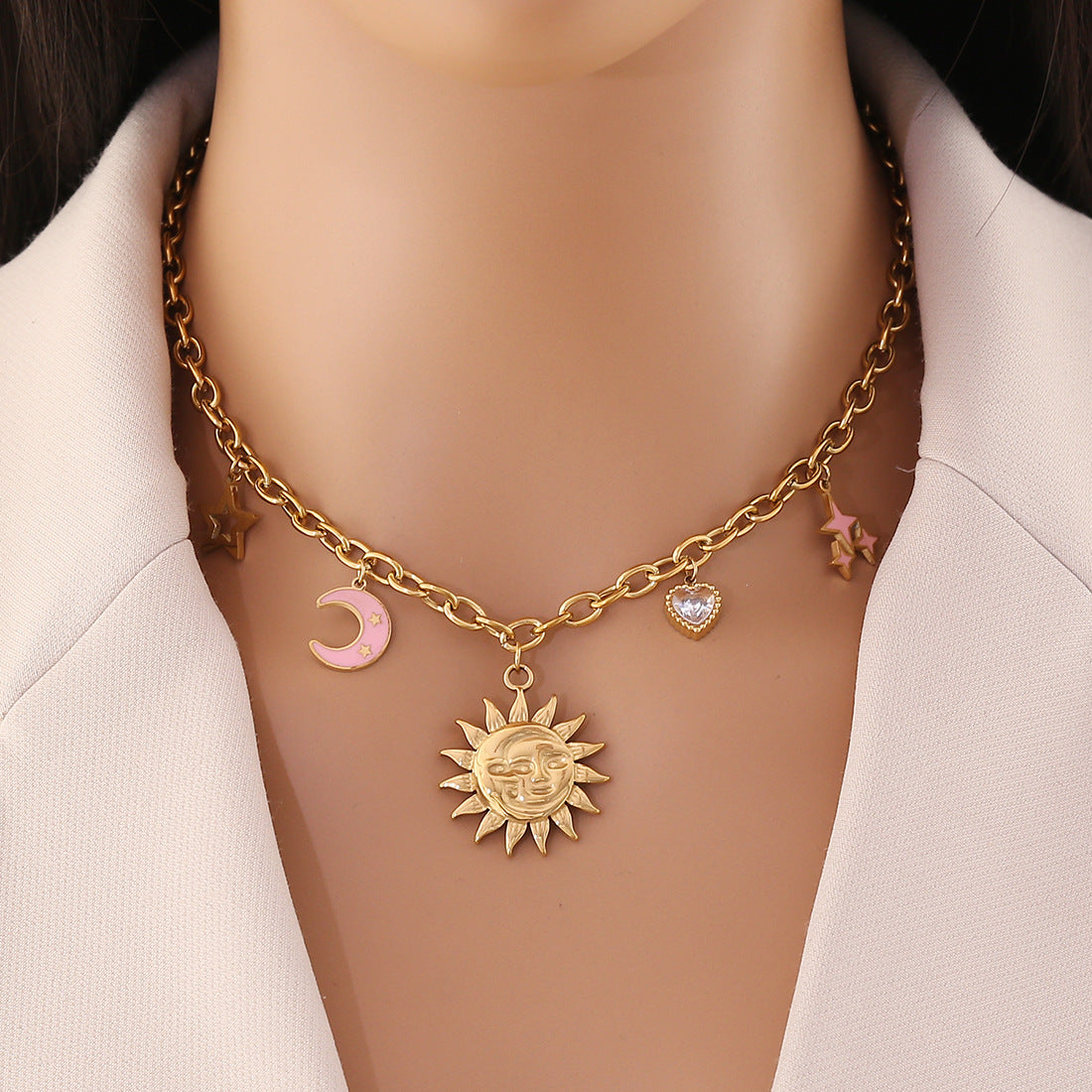 Personality Sun Moon Star Heart Stainless Steel Pendant Necklace for Women