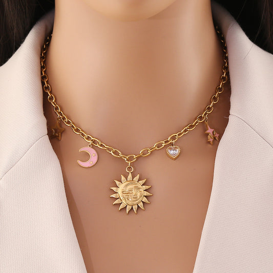 Collana con ciondolo in acciaio inossidabile Sole Luna Stella Cuore Personalizzata per Donna
