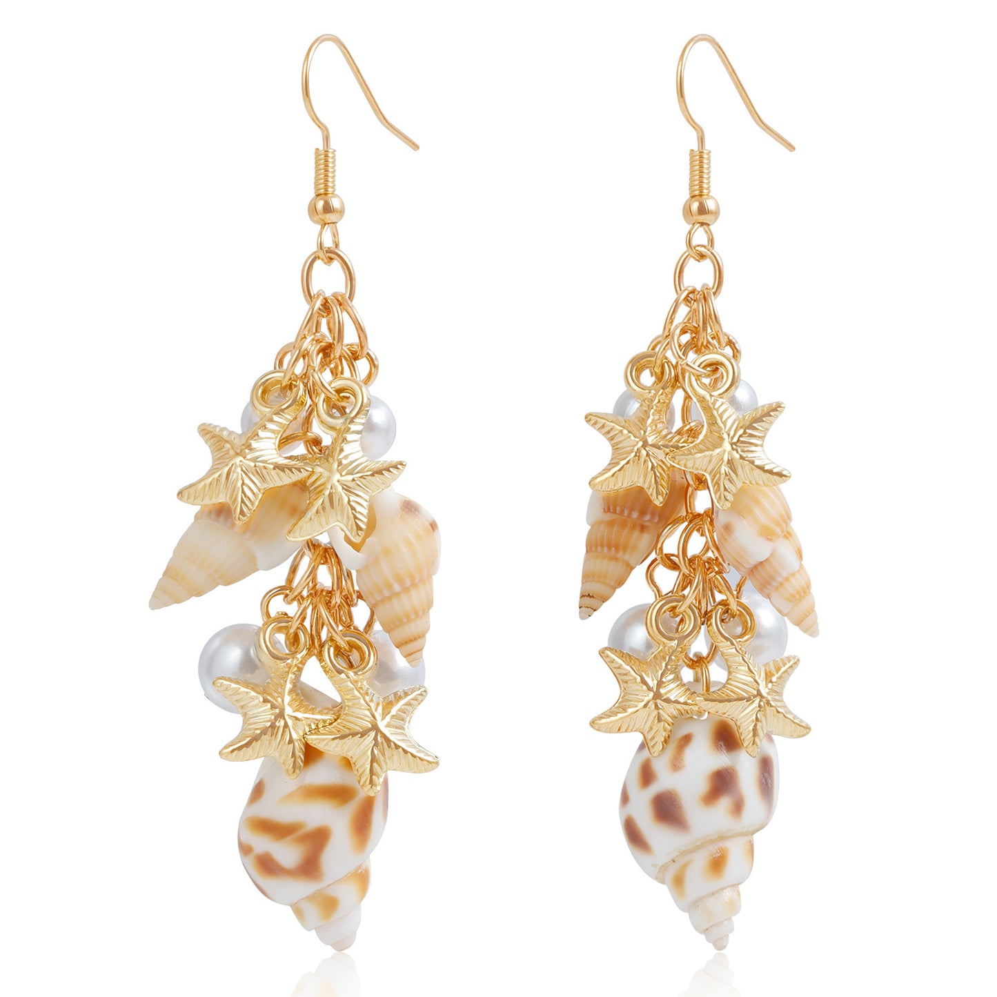 Pendientes con forma de concha marina y estrella de estilo vintage para mujer con acabado chapado y detalles de perlas