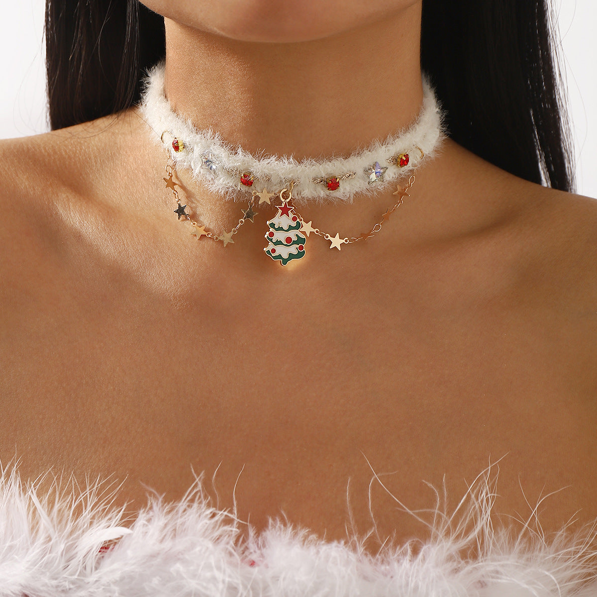 Collana Girocollo in Velluto a Forma di Albero di Natale da Donna con Ciondolo in Lega, Accessorio Festivo Artigianale per le Feste