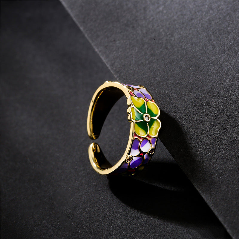Sweet Geometric Floral Drip Oil Gold Plated Brass Ring for Women