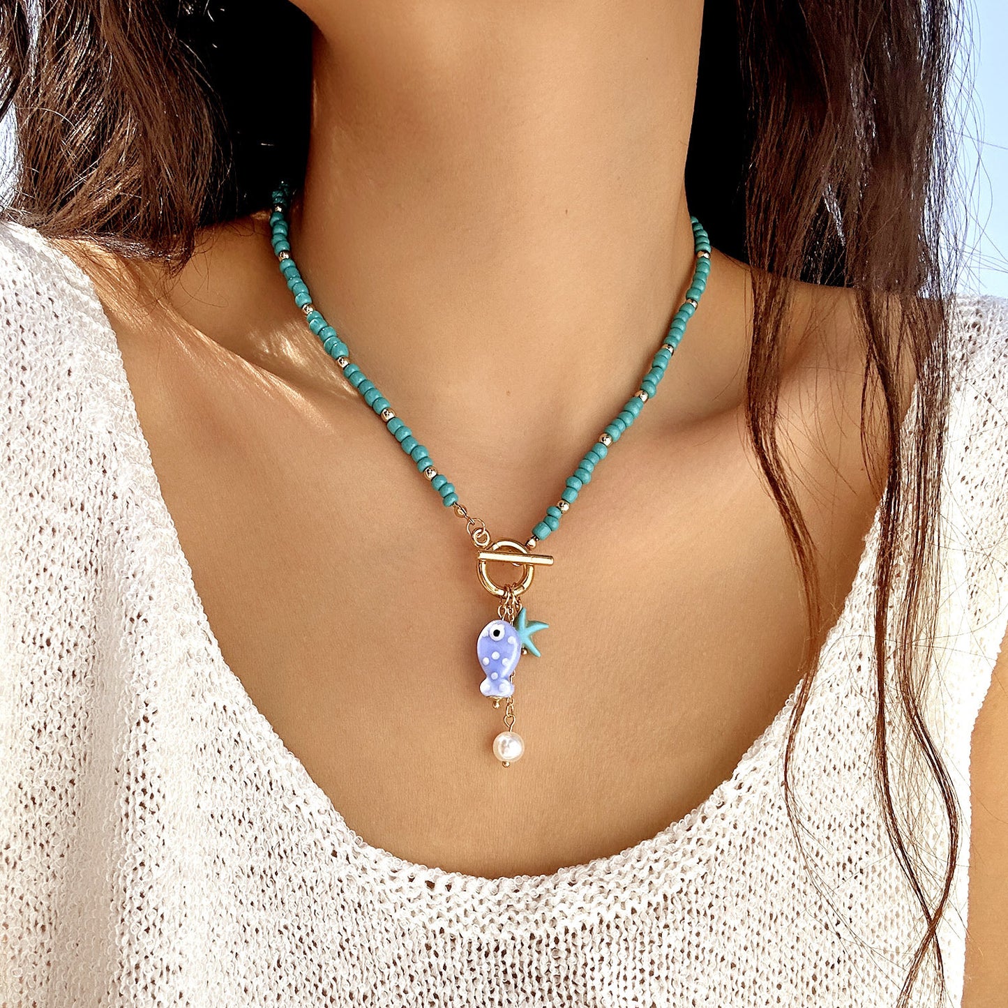 Bohemian Sweet Geometric Ceramic Resin Fish Starfish Turquoise Tassel Beaded Necklace for Women