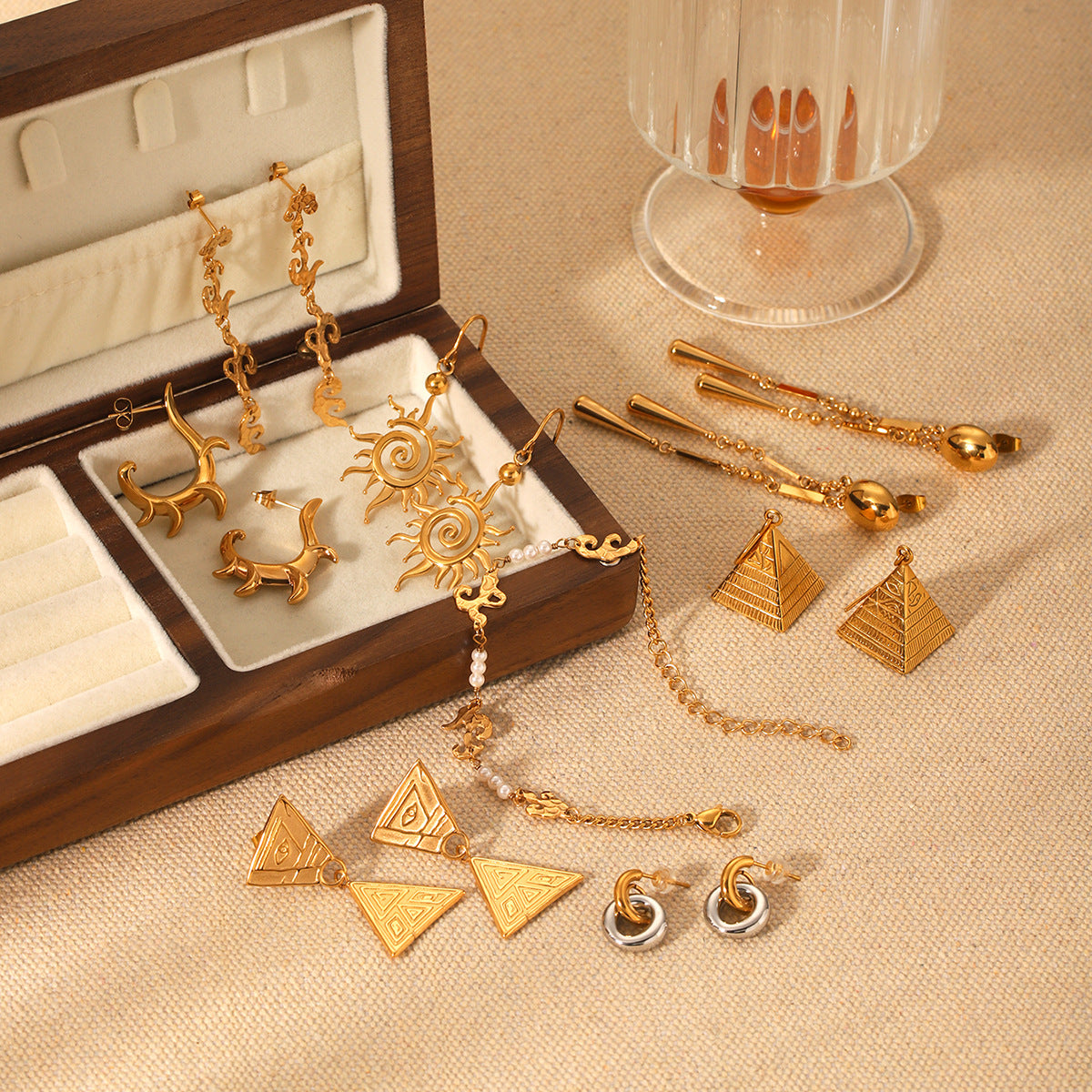 Minimalist Geometric Stainless Steel Earrings for Women with Pyramid Triangle Sun Flame Shapes and Dangling Chain Tassels