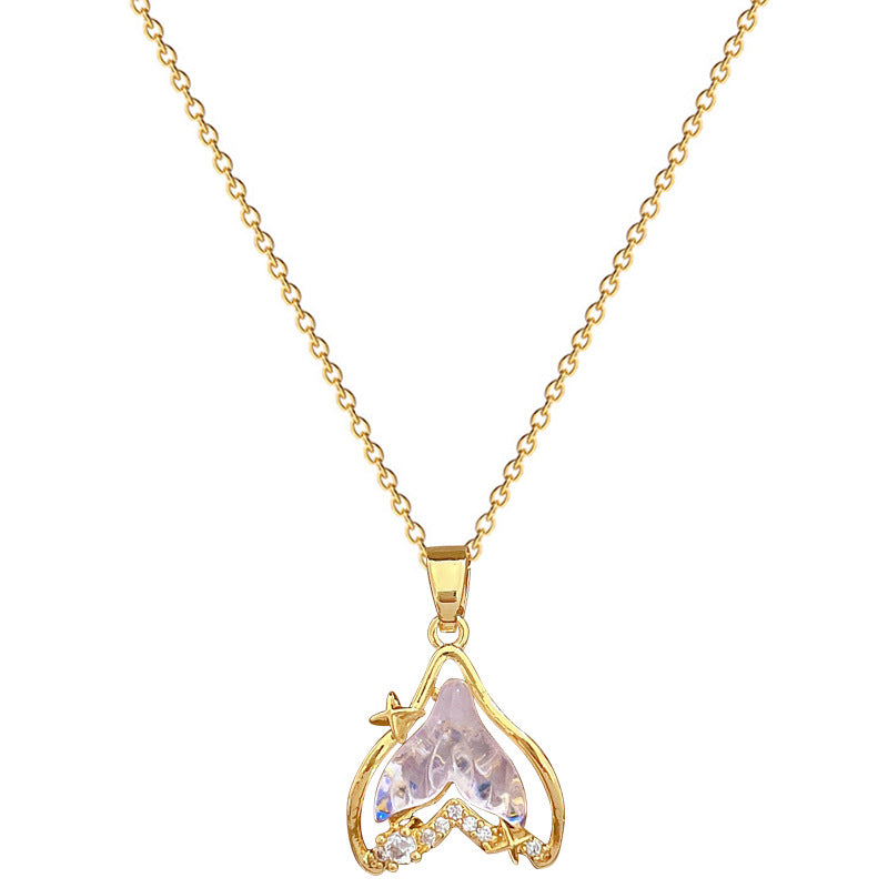 Elegante collana a pendente con coda di pesce geometrica da donna con intarsio in strass su catena in acciaio al titanio
