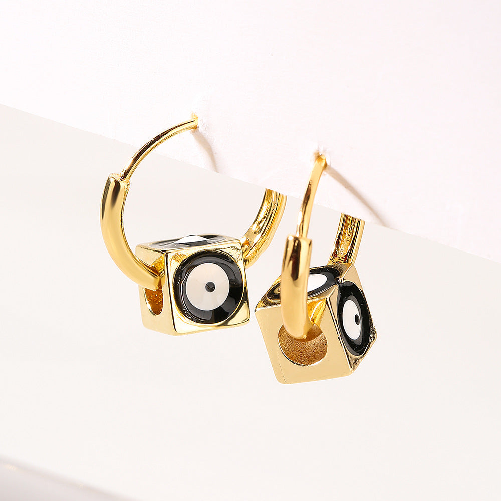 Geometric Square Drop Earrings for Women in Copper with 18K Gold Plating and Enamel Eye Detail