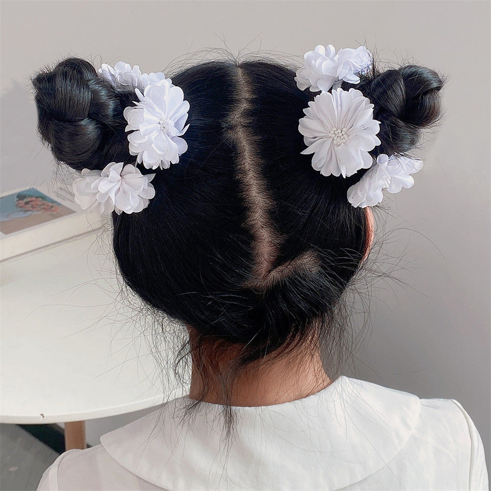 Elegant Floral Hair Ties Set for Kids - Solid Color Fabric Hair Bands with Flower Embellishment in Princess Style
