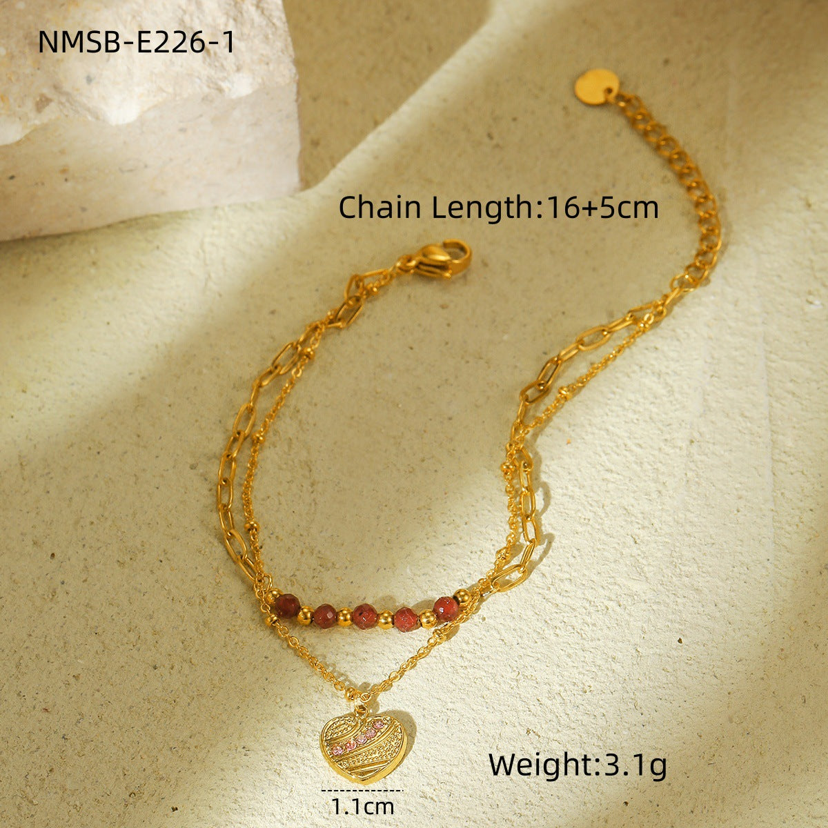 Fashionable Heart-Shaped Red Natural Stone Inlaid Stainless Steel Bracelet for Women with Plating Finish