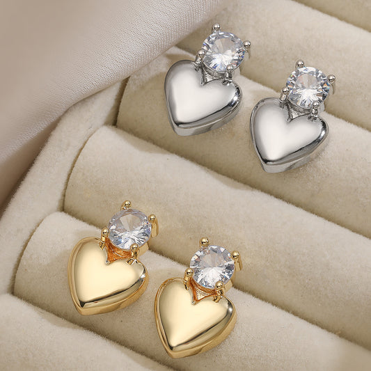 Pendientes de cobre minimalistas con forma de corazón, chapados en oro de 18 quilates y con incrustaciones de circonitas para mujer