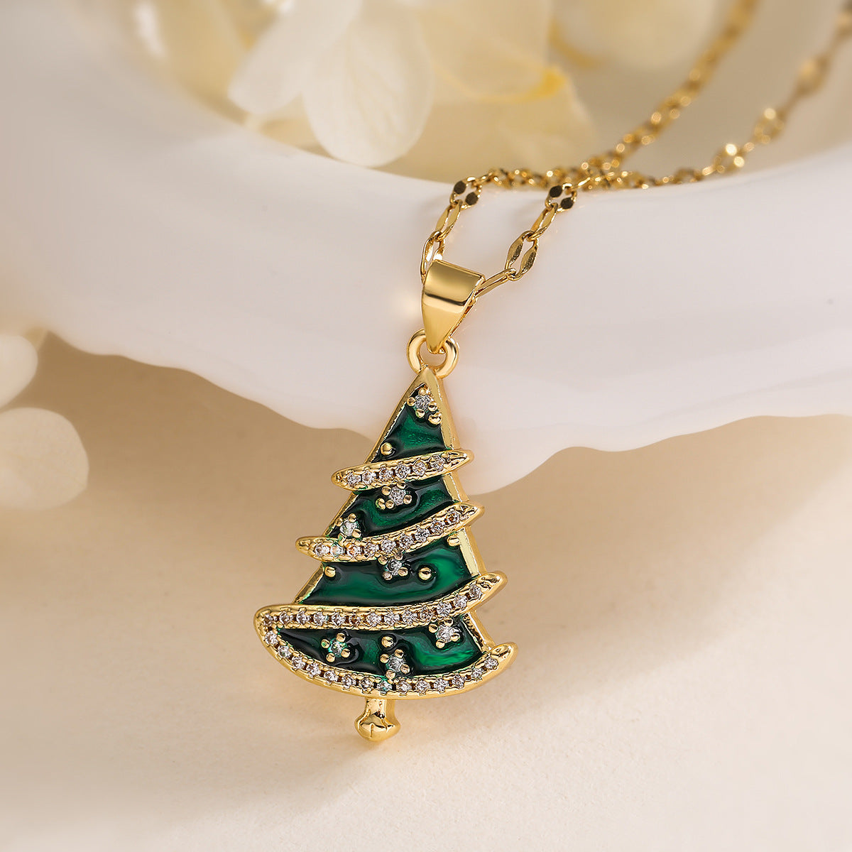 Minimalist Christmas Tree Pendant Necklace for Women with Copper Base Plated in 18K Gold and Enamel Finish