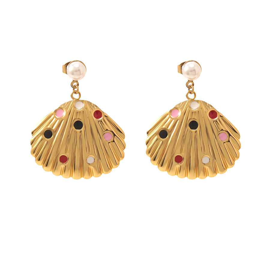 Sweet Fan Shape Stainless Steel Shell Pearl Drip Oil Earrings for Women
