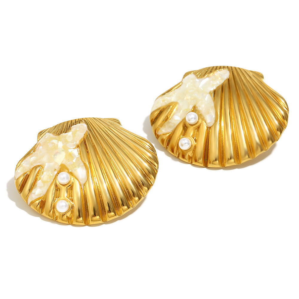 Set di orecchini a perno a goccia in olio a forma di stella marina e conchiglia in acciaio inossidabile placcato oro 18 carati e anello aperto da donna