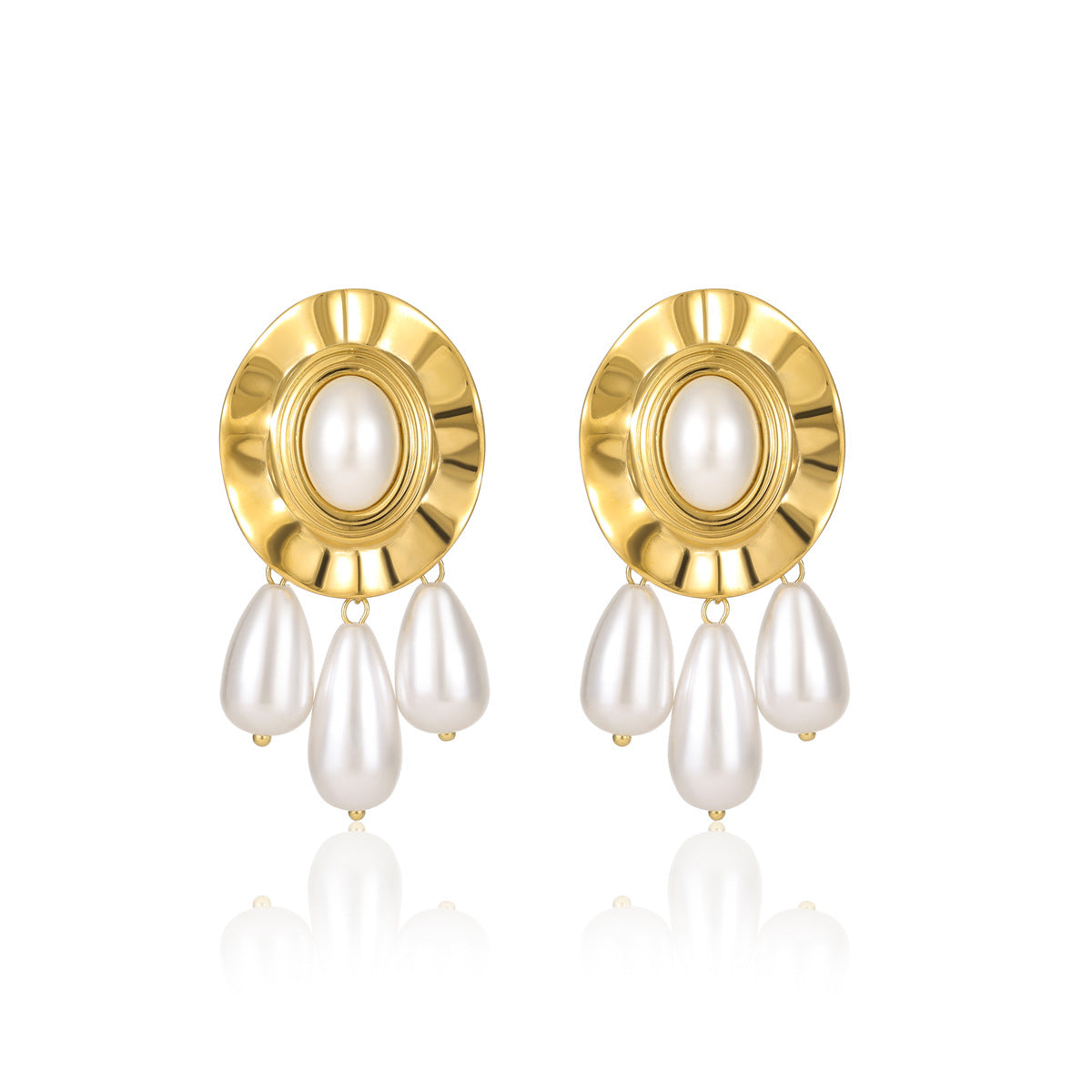 Pendientes de botón con borlas y perlas texturizadas redondas de estilo vintage en acero inoxidable con baño de oro de 18 quilates