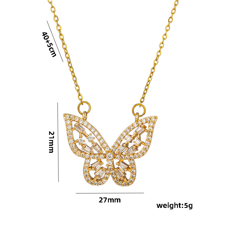 Minimalist Butterfly Pendant Necklace for Women in Titanium Steel with Micro-Pave Zirconia and Vacuum Electroplating on O-Chain