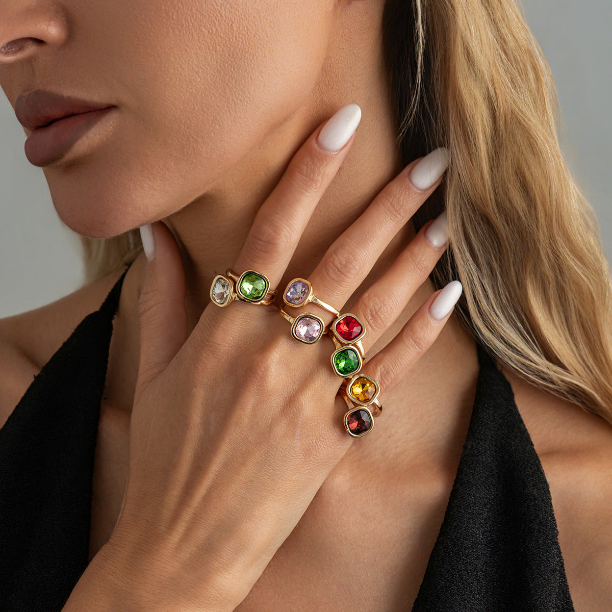 Minimalist Square Alloy Ring with Crystal and Rhinestone Inlay Plated Finish for Women