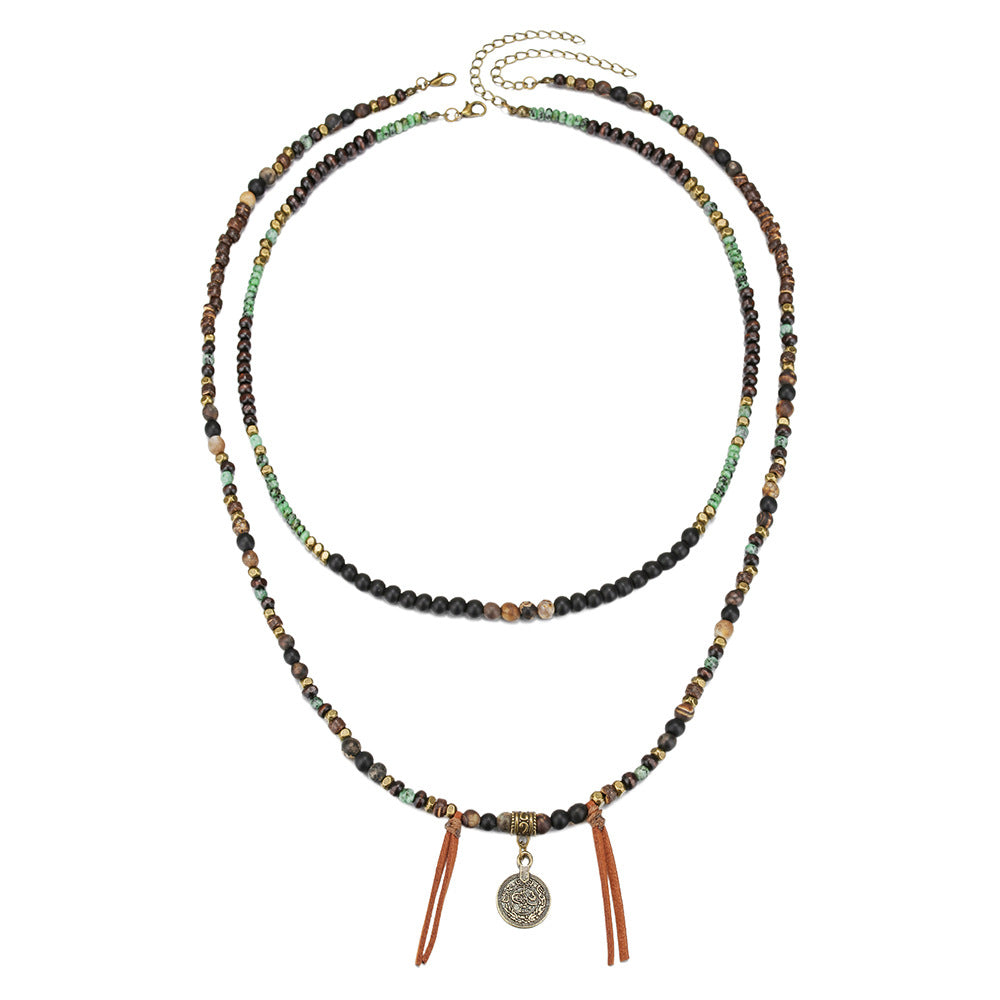Bohemian Ethnic Geometric Round Alloy Wood Leather Coin Pendant Necklace for Unisex