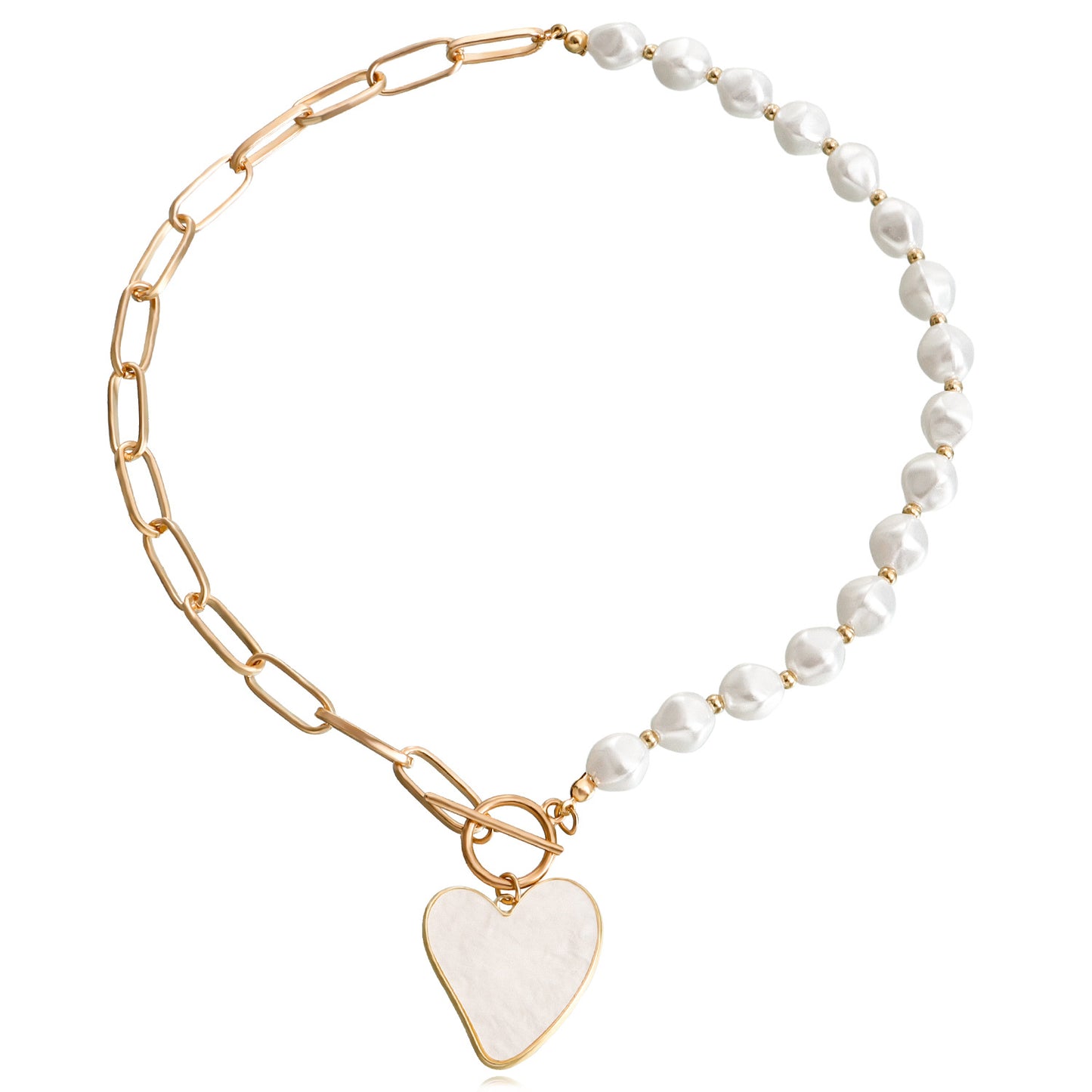 Fashionable Geometric Rhombus Pearl Heart Mother-of-Pearl Pendant Necklace for Women Alloy Chain with Plating Finish