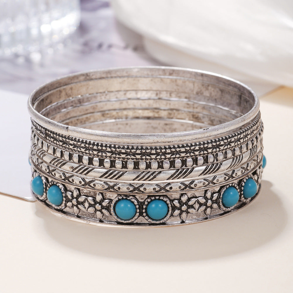Vintage Bohemian Round Geometric Plated Iron Cuff Bracelet with Synthetic Turquoise