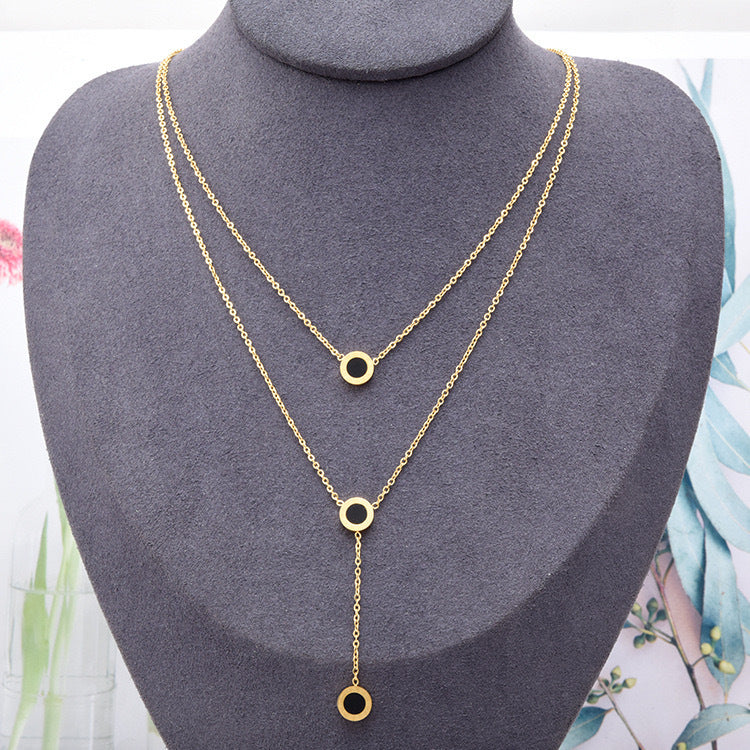 Minimalist Roman Numeral Double Layer Pendant Necklace in Titanium Steel with Gold Plating for Women