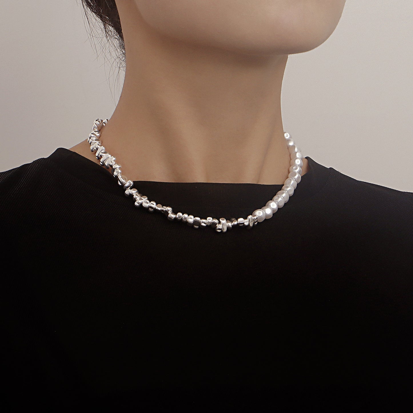 Geometric Asymmetrical Pearl Necklace with Alloy Base and Electroplated Finish for Women