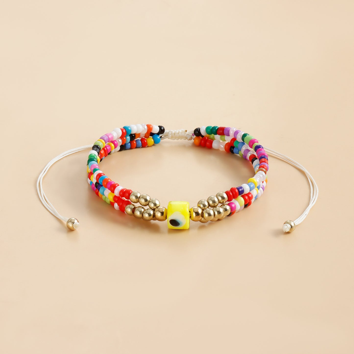 Elegante bracciale da donna in metallo galvanizzato a forma di occhio con intreccio di perline colorate