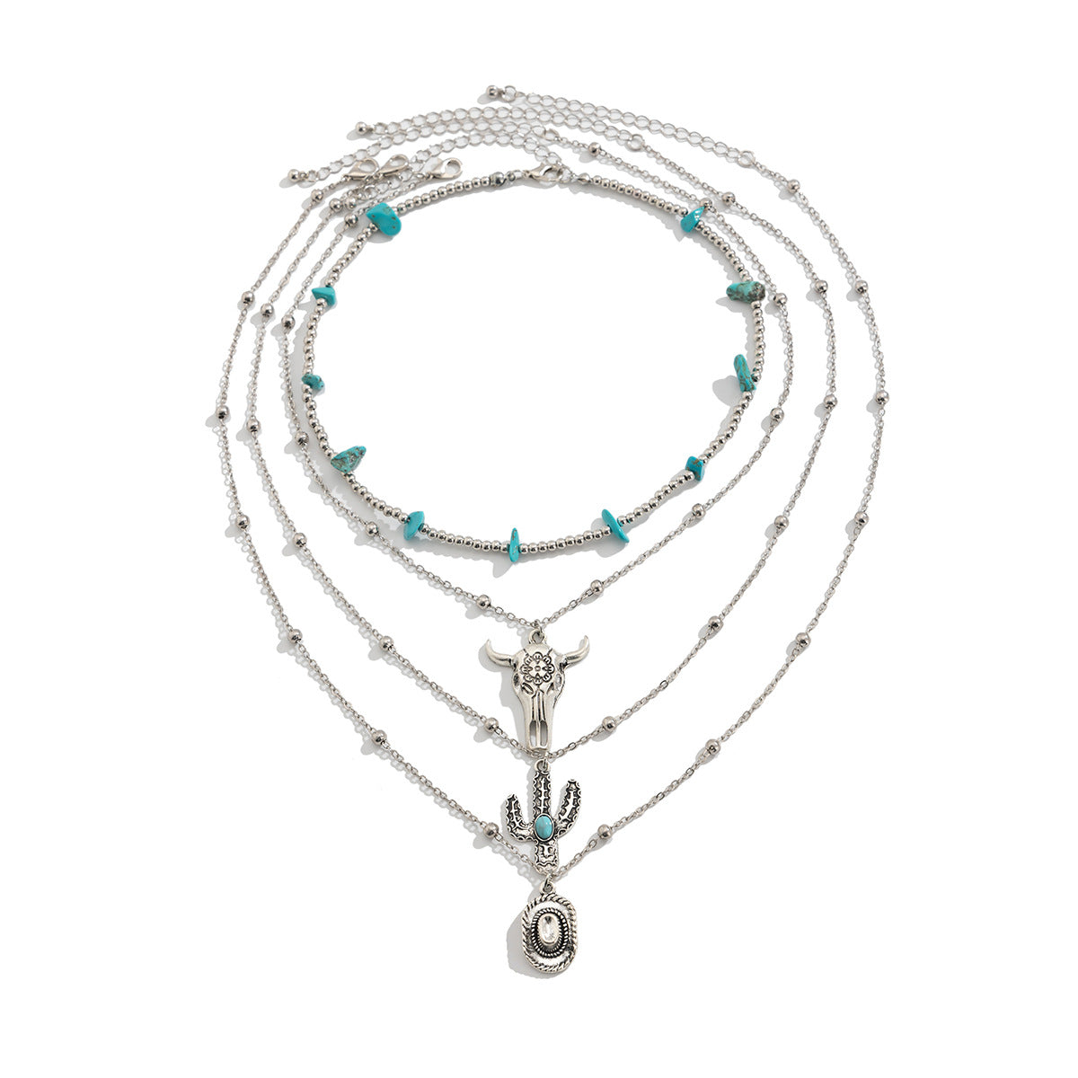 Vintage Bohemian Geometric Alloy Plated Pendant Tassel Layered Necklace for Women