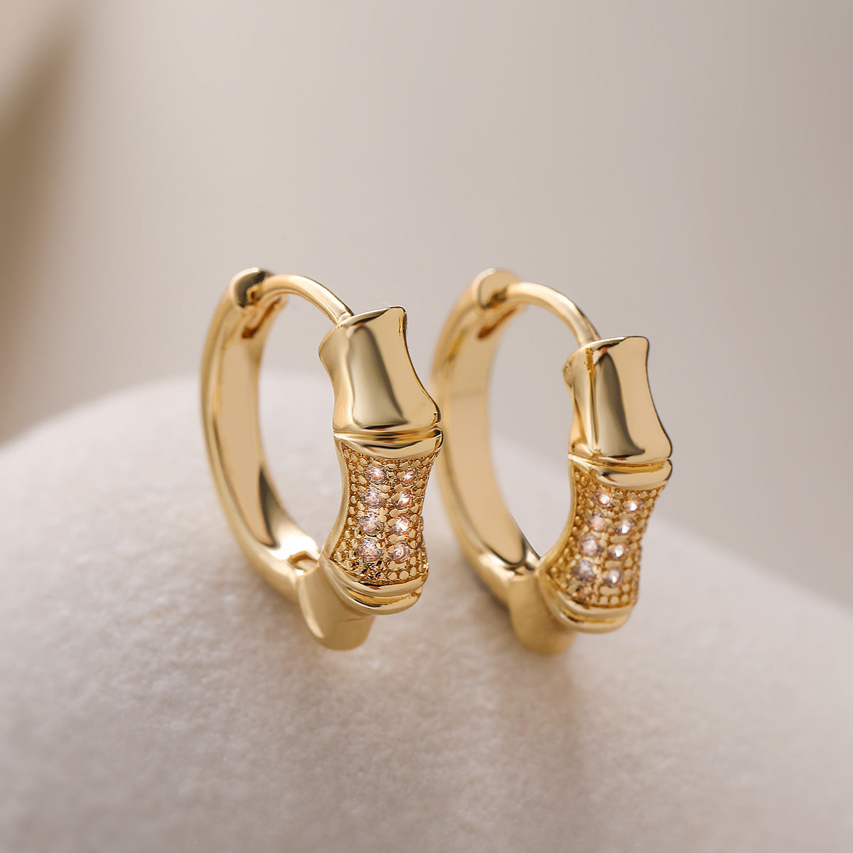 Minimalist Bamboo Joint Shaped Copper Earrings with 18K Gold Plating and Zircon Inlay for Women