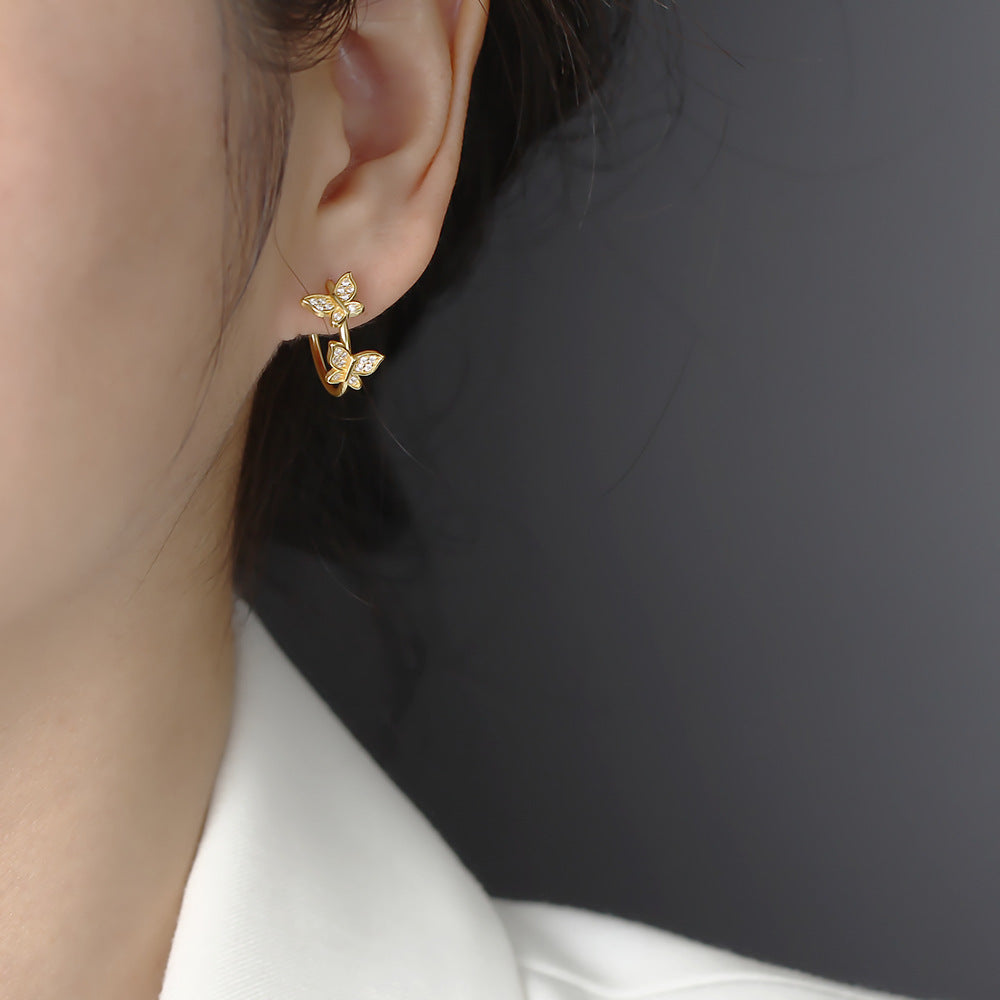 Luxury Butterfly-Shaped S925 Sterling Silver Stud Earrings with Rhinestone Inlay for Women