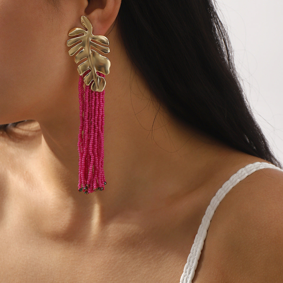 Bohemian Style Hand-Strung Beaded Tassel Long Leaf-Shaped Alloy Earrings for Women