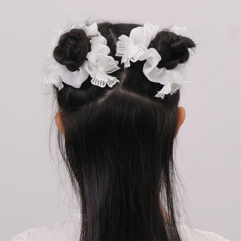 Set di elastici per capelli con fiocco a farfalla per bambini, con perle ricamate e passamaneria in pizzo di organza bianca