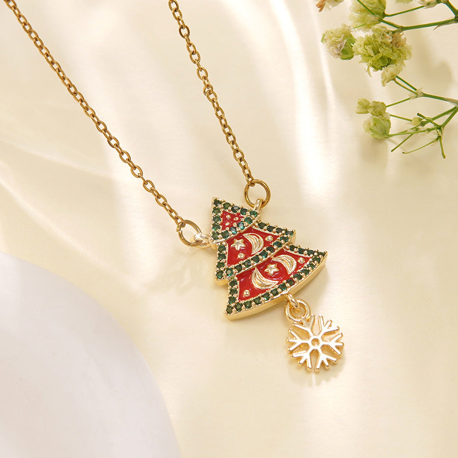 Luxury Stainless Steel Christmas Tree Snowman Bow Necklace with Glass Inlay Brass Pendant for Women