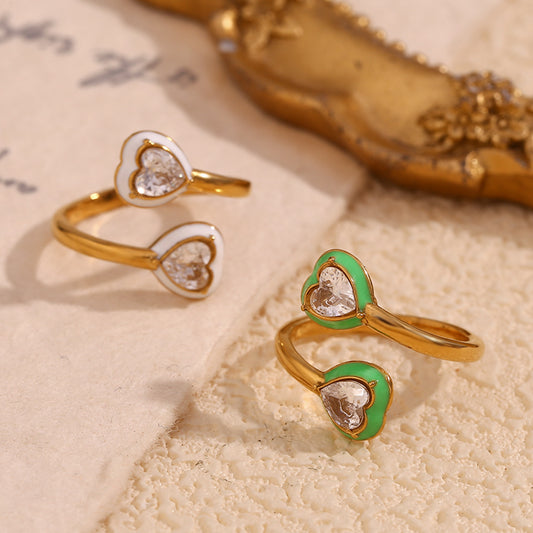 Fashionable Heart-Shaped Stainless Steel Ring with 18K Gold Plating and Enamel Finish for Women