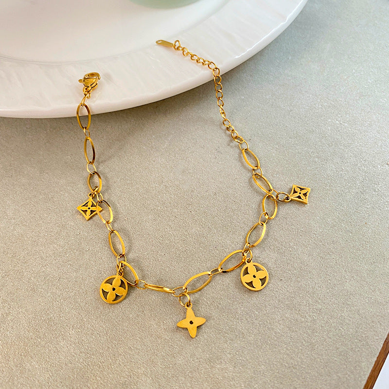 Hollow Four-Leaf Clover Floral Titanium Steel Plated Necklace Unisex