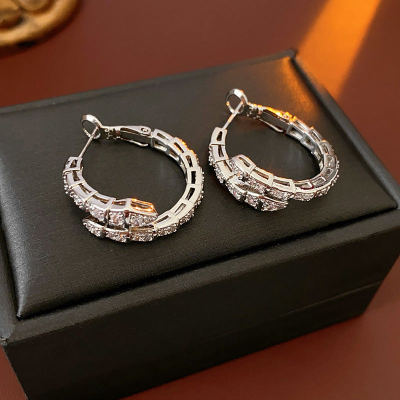Chic Snake-Shaped Zirconia-Set Gold-Plated Copper Hoop Earrings for Women with Stainless Steel Posts