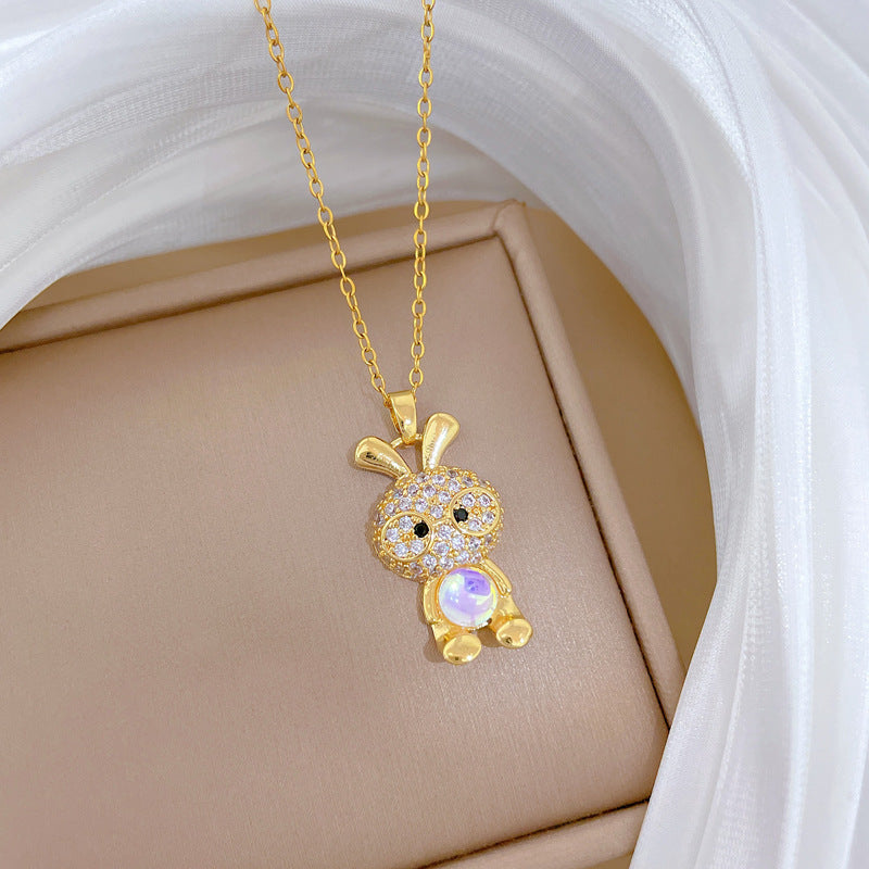 Sweet Luxury Cartoon Rabbit Geometric Rhinestone Pendant Titanium Steel Necklace for Unisex