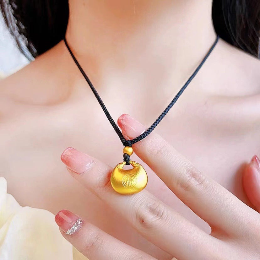 Original Design Feng Character Pendant Necklace for Women and Men in Titanium Steel with Plated Finish on Black Cord