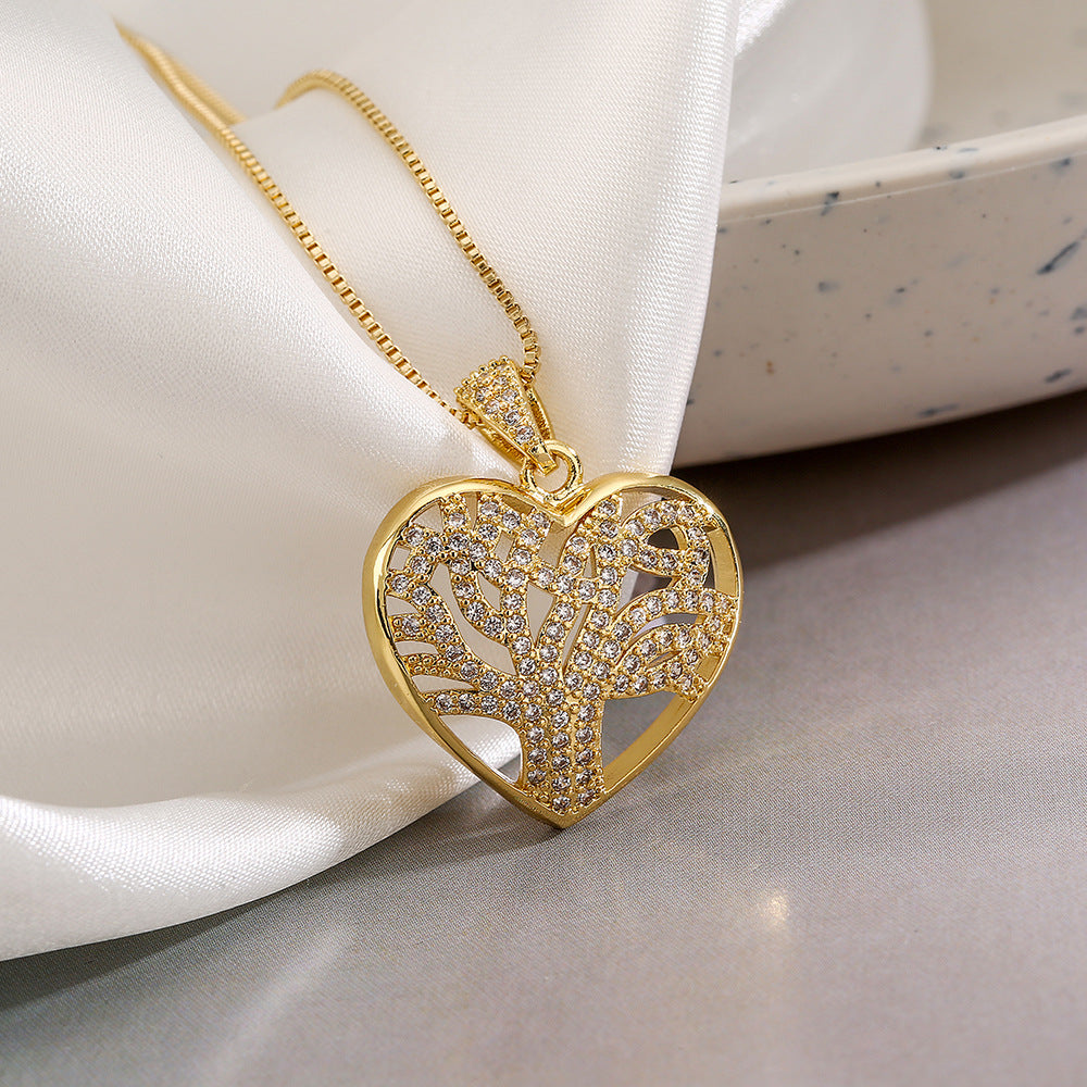 Minimalist Bowknot Tree of Life Heart Pendant Necklace for Women in Copper with Gold Plating and Zircon Inlay