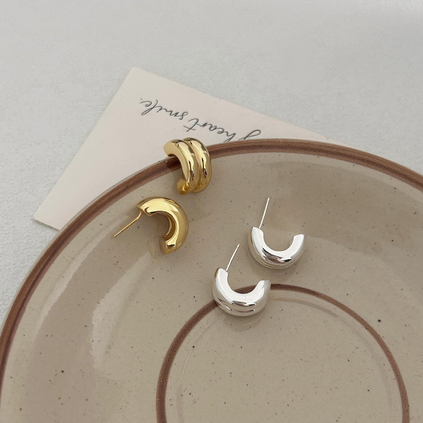 Minimalist Arc-Shaped 925 Sterling Silver Stud Earrings for Women with Plated Finish