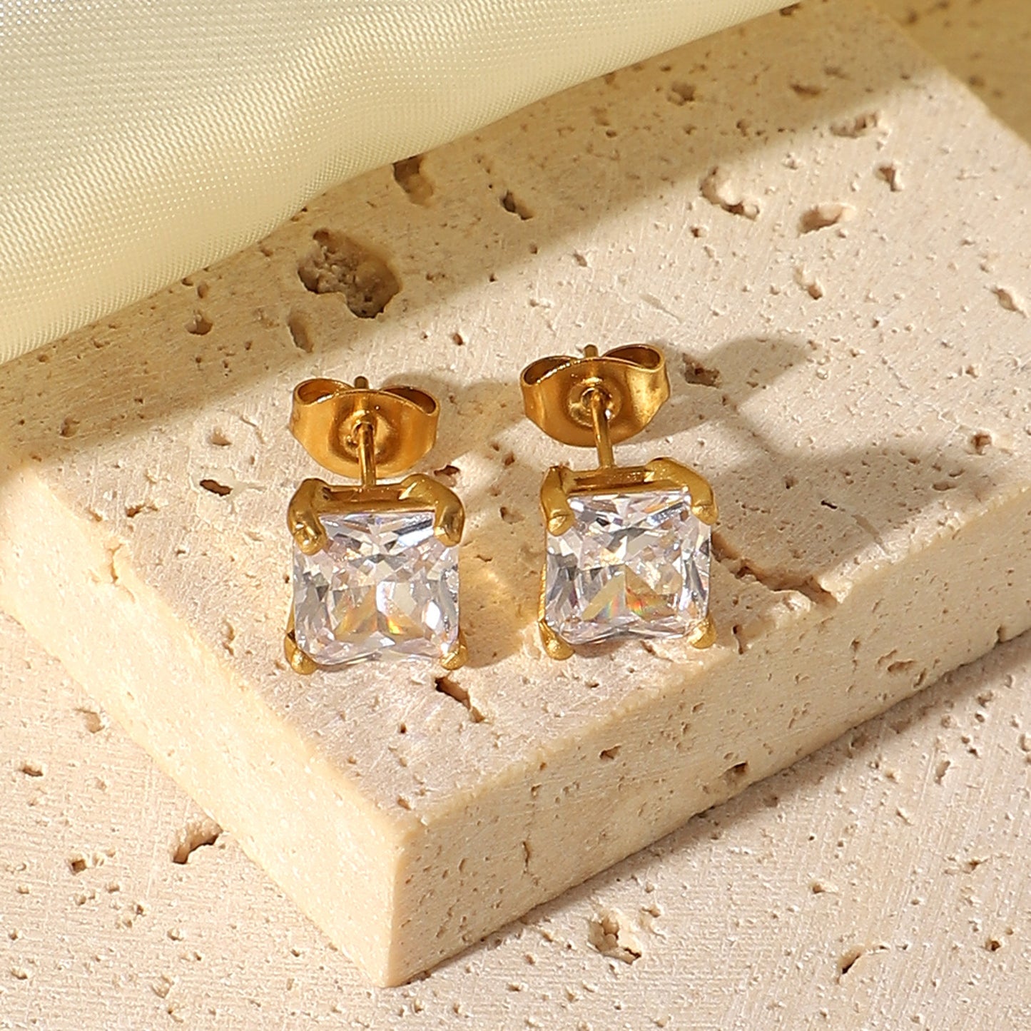 Minimalist 18K Gold Plated Stainless Steel Square Zircon Stud Earrings for Women