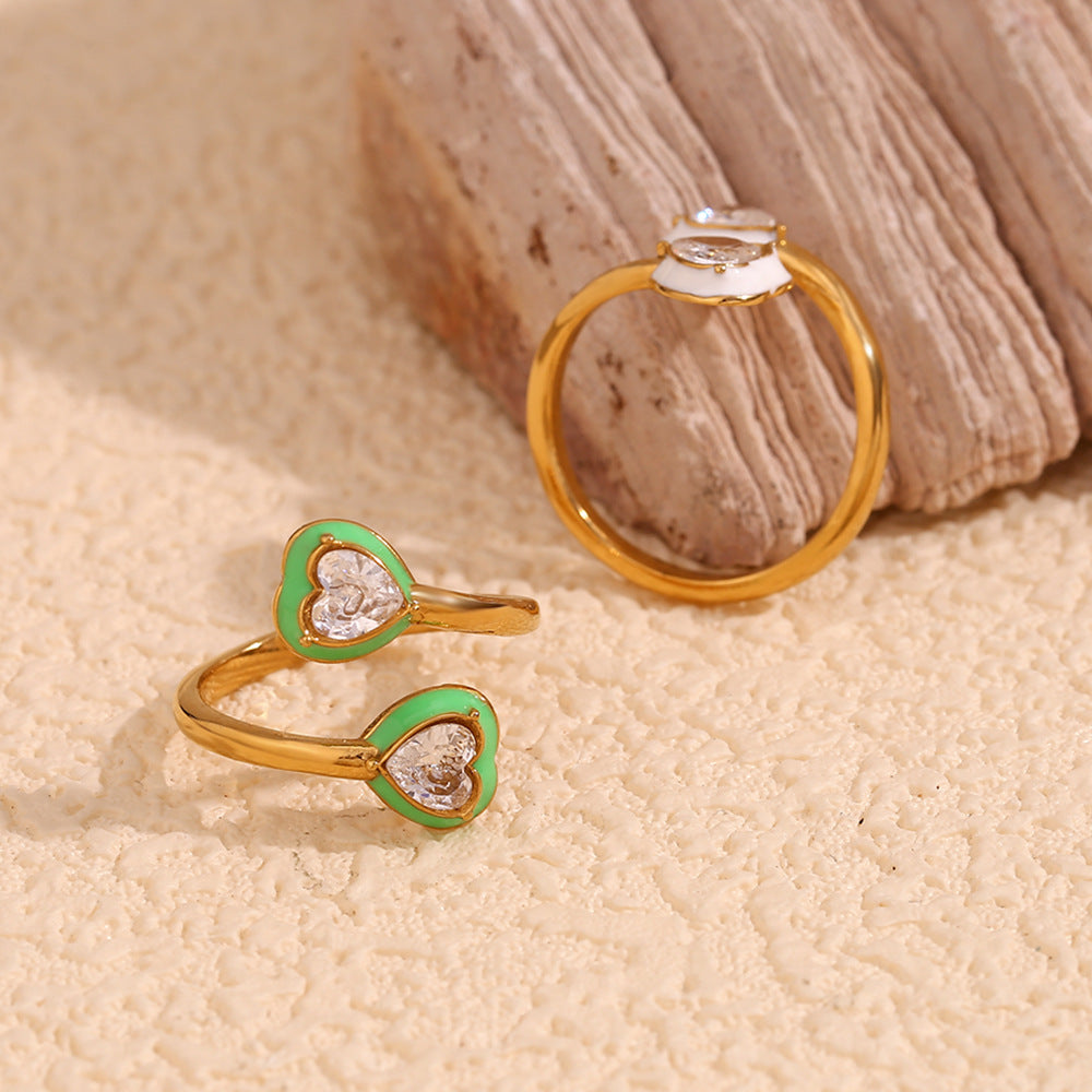 Anillo de acero inoxidable con forma de corazón, chapado en oro de 18 quilates y acabado esmaltado, de moda para mujer.