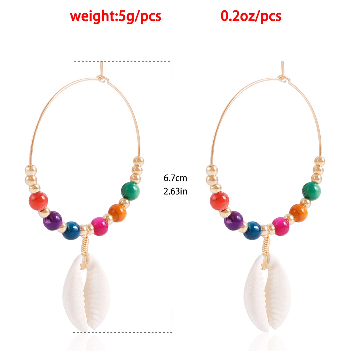 Orecchini da Donna Bohemien in Metallo Colorato con Perline, Pendente a Conchiglia e Design Geometrico, Finitura Galvanizzata