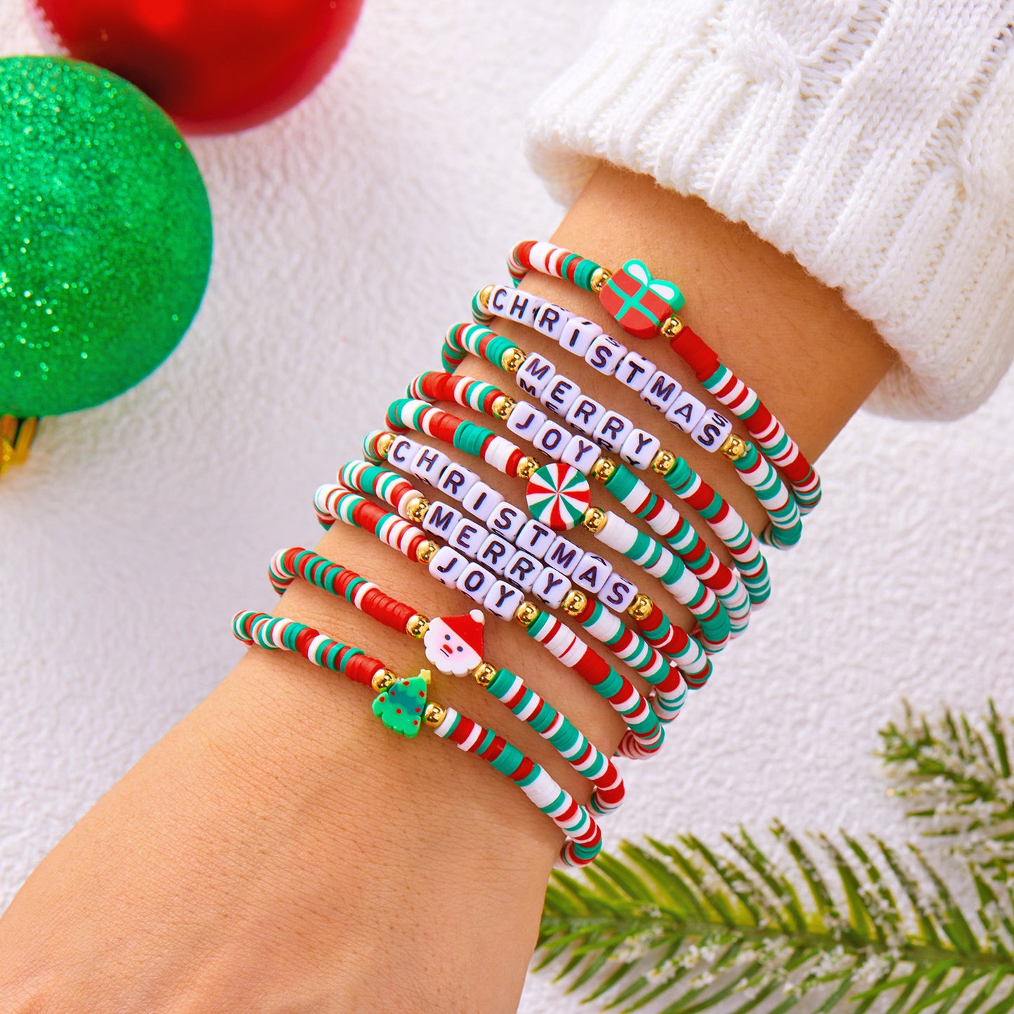 Handmade Polymer Clay Christmas Bracelet Set with Reindeer and Santa Pendant Alloy Chain for Women