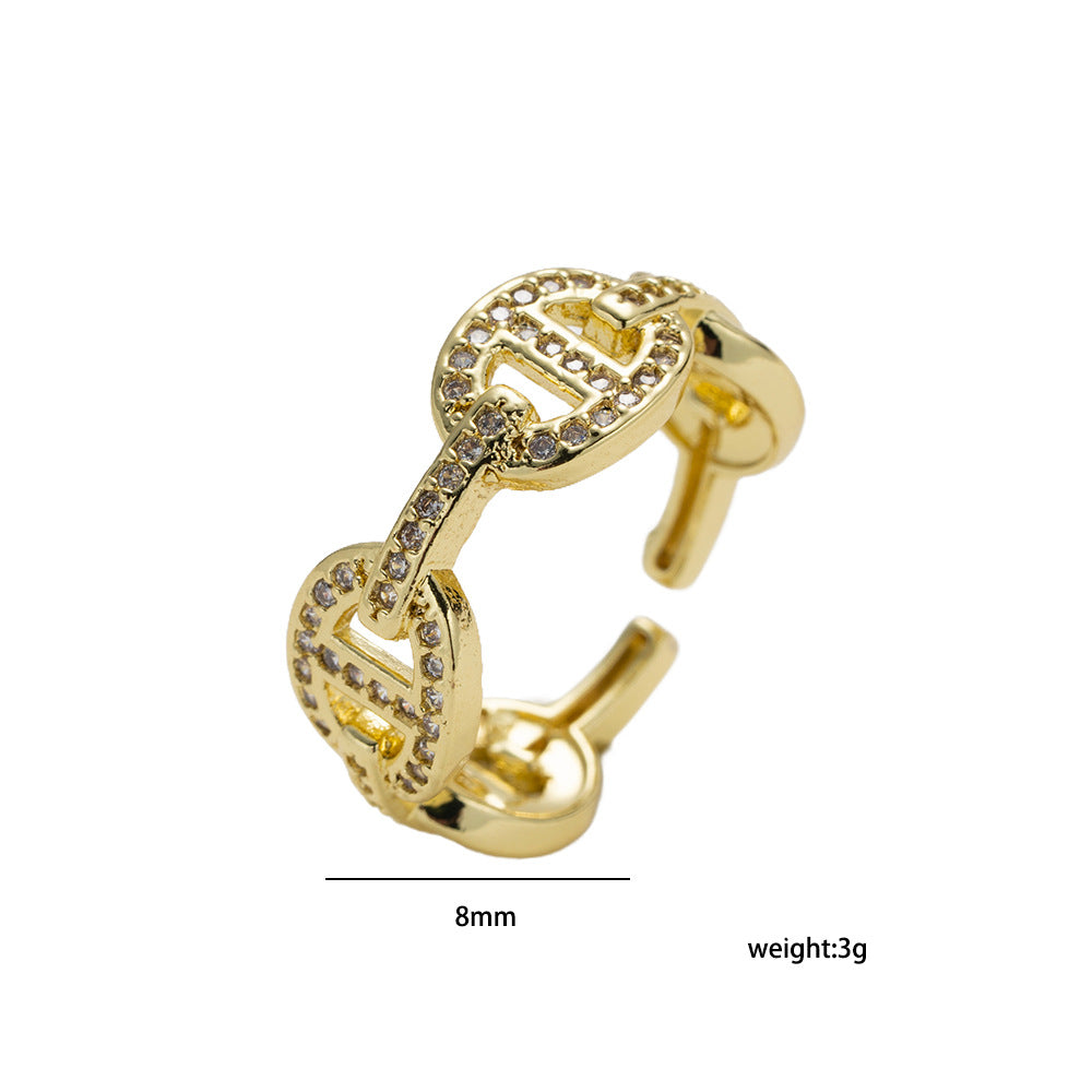 Luxury Animal-Shaped Pig Nose Open Ring for Women and Men Made of Brass with 18K Gold Plating and Zircon Inlay