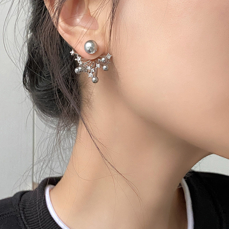 Pendientes de Perlas con Circonita Cúbica y Diseño de Fuegos Artificiales Estilo Vintage Francés Elegante para Mujer con Postes de Acero Inoxidable