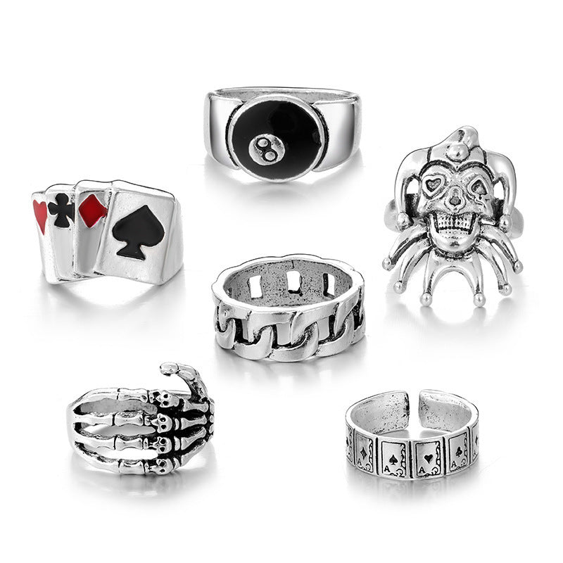 Hip-hop Vintage Geometric Skull Clown Poker Eye Drip Oil Plated Alloy Ring Set for Women