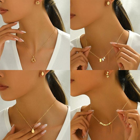 Sweet Geometric 18K Gold Plated Copper Necklace and Earring Set for Women